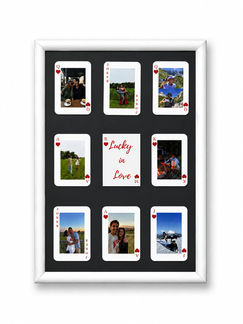 Love card game photo frame in white – personalised couples gift with 8 photos