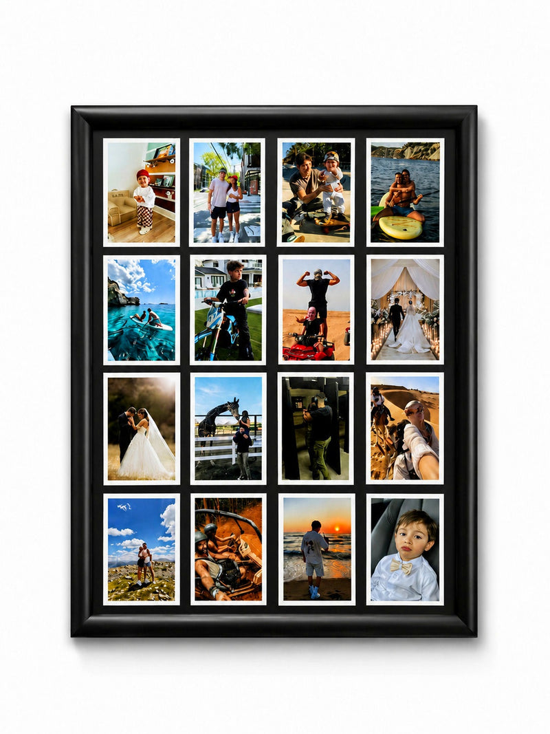 Close-up of personalised wall photo frame with vibrant 6x9cm soft photo magnets