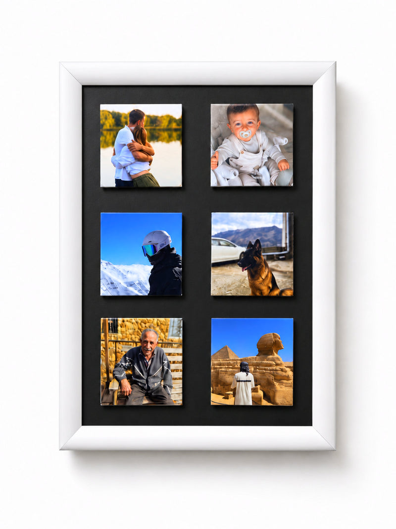 Personalised classic magnetic photo frame in white with 6 custom photos