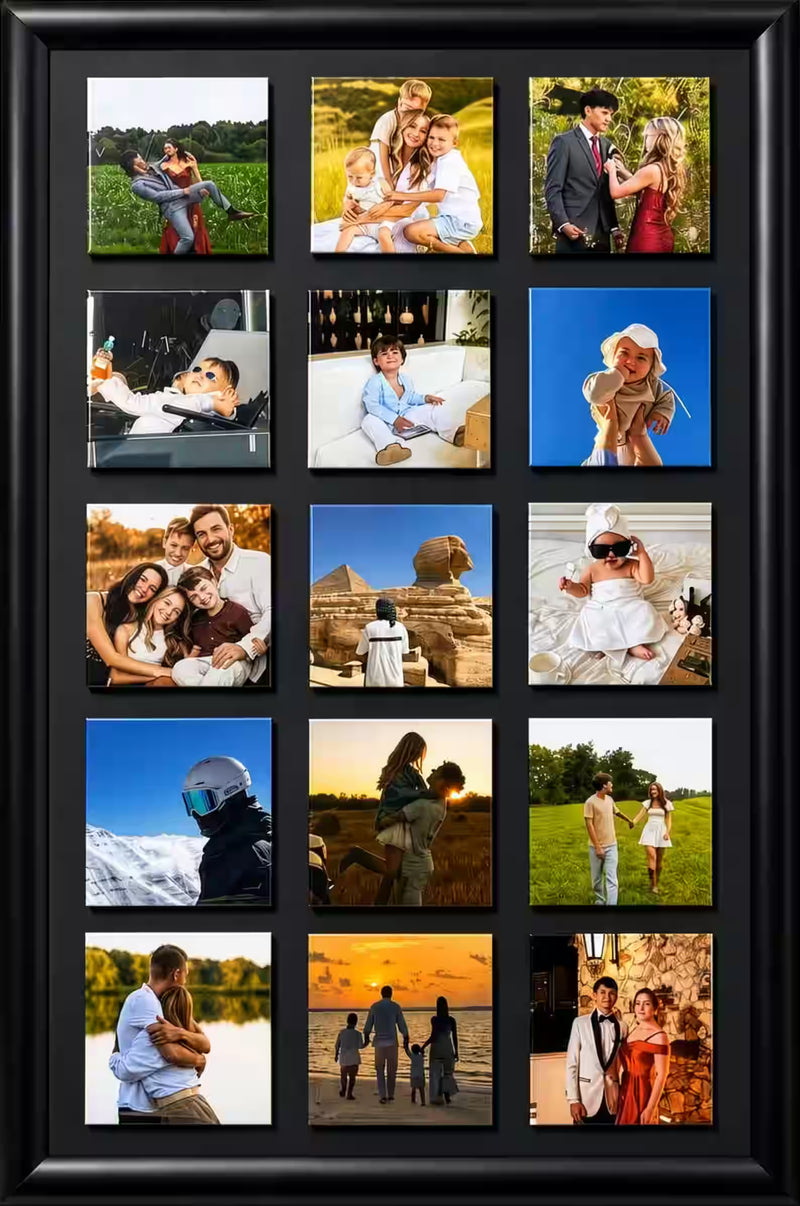 A black 15-photo collage frame displaying a grid of family and lifestyle photographs, shown against a plain white background.
